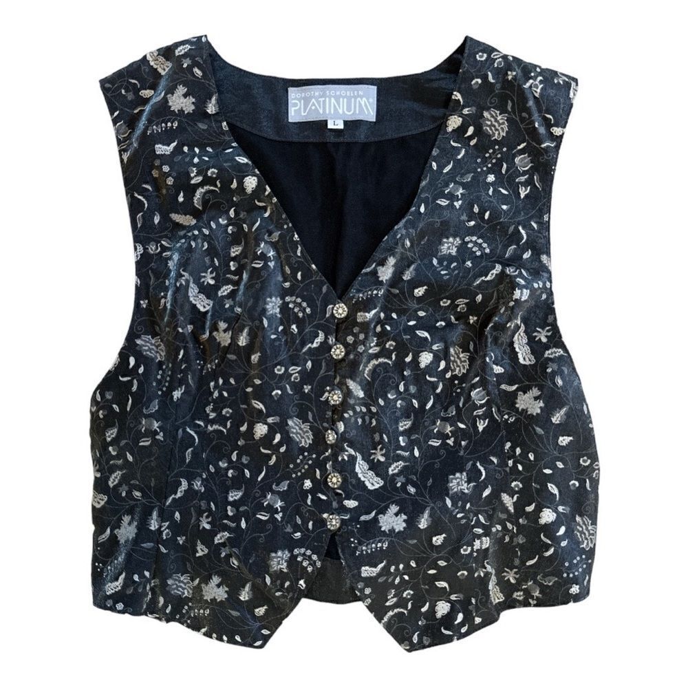 DOROTHY SCHOELEN PLATINUM Womens Vintage 90s Floral Toile Vest Black Size Large